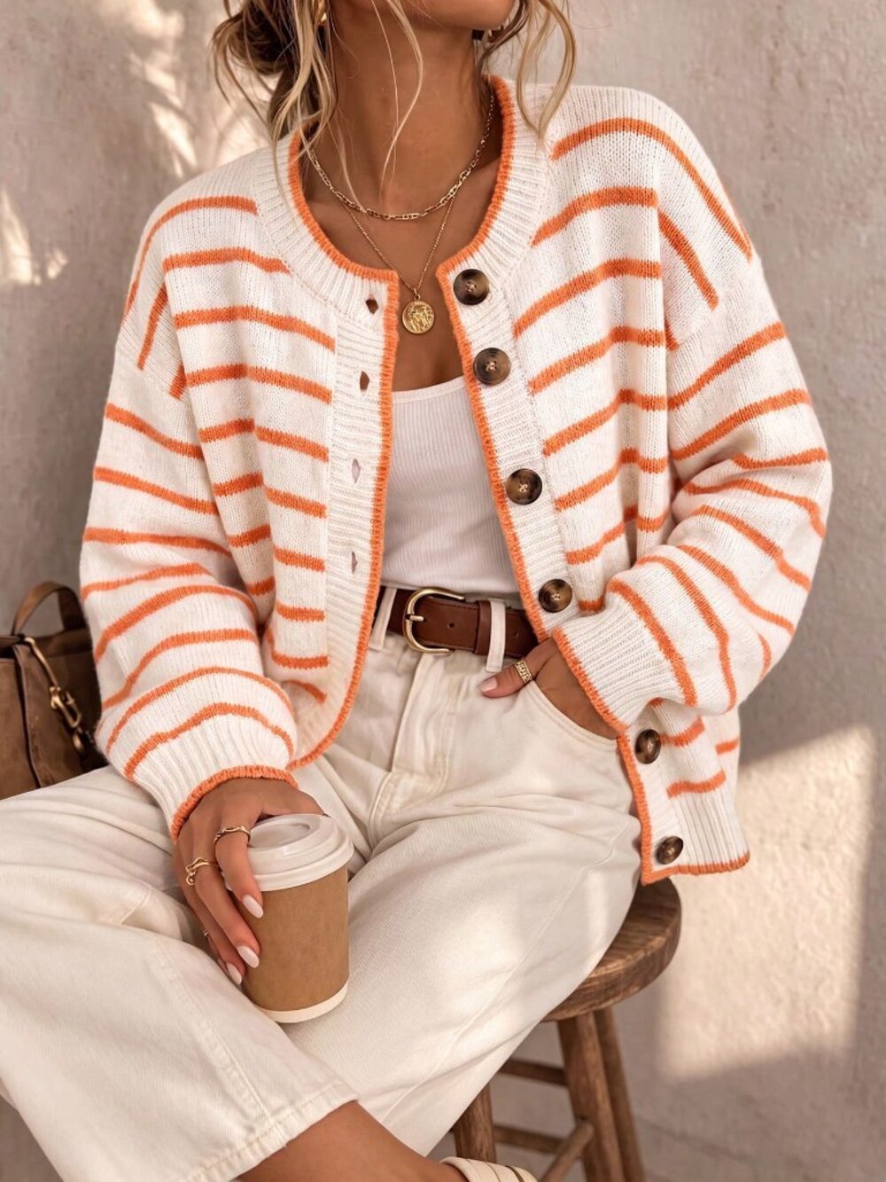 White Casual Women's Single-Breasted Striped Long Sleeve Knit Cardigan